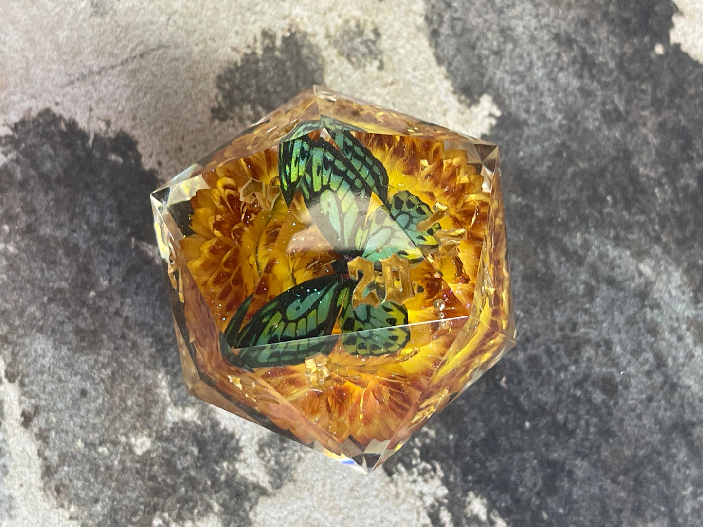 Green Butterfly D20 50 mm dice chonk