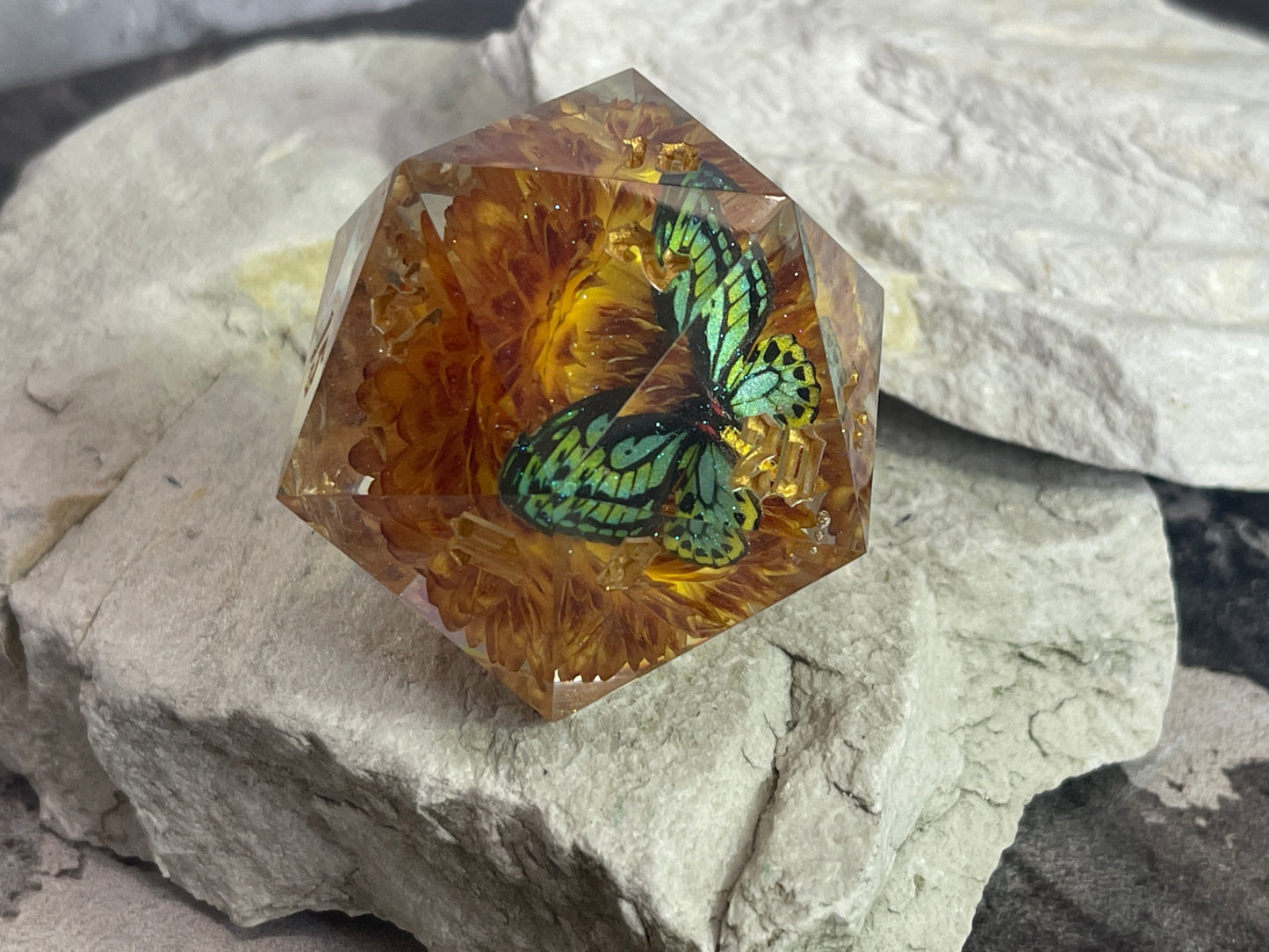 Green Butterfly D20 50 mm dice chonk