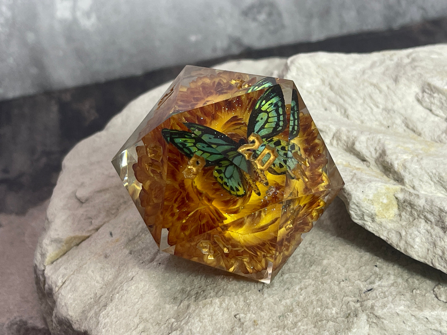 Green Butterfly D20 50 mm dice chonk
