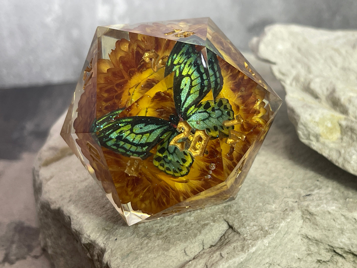 Green Butterfly D20 50 mm dice chonk