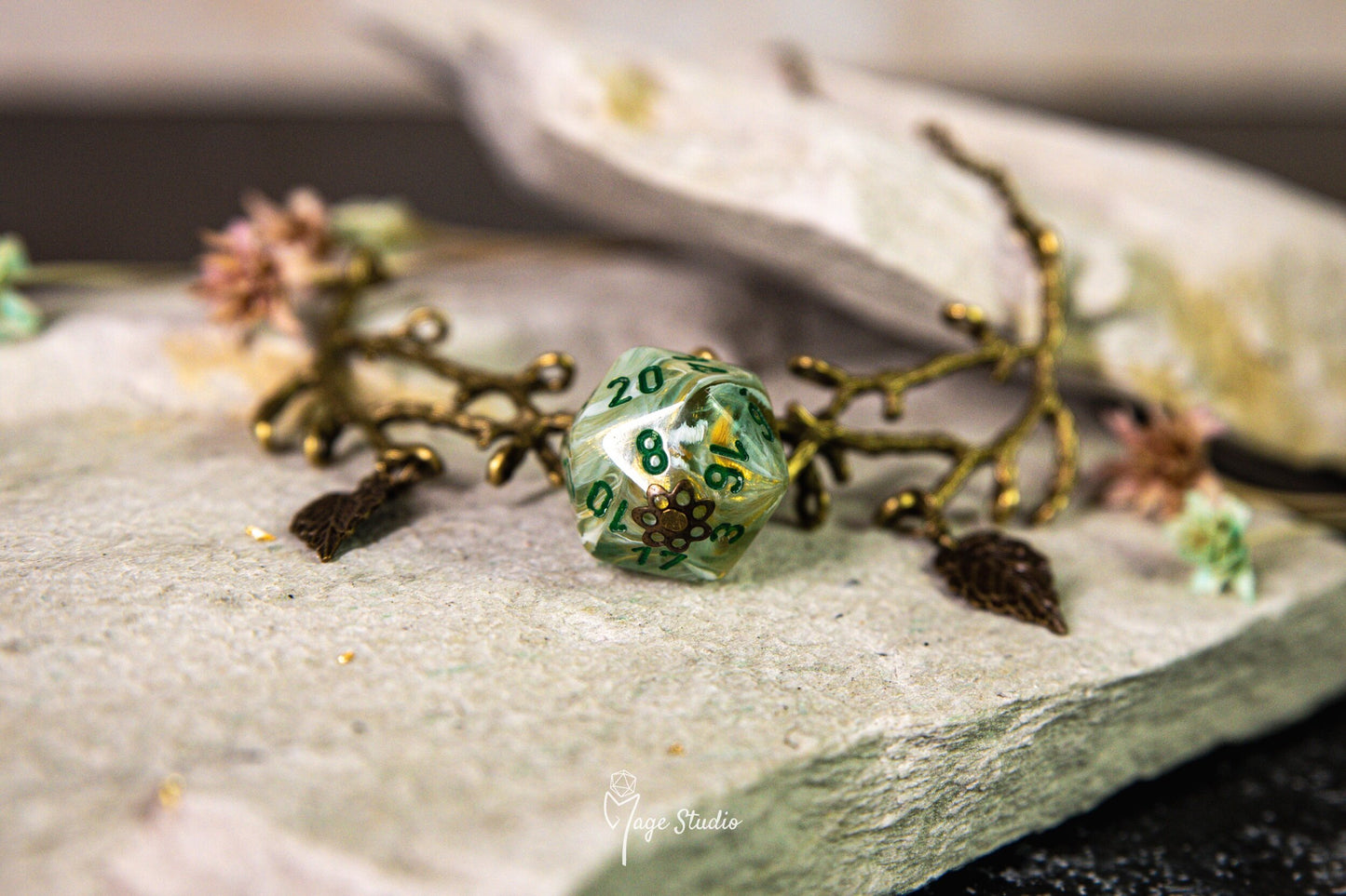 Druid D20 necklace marble green