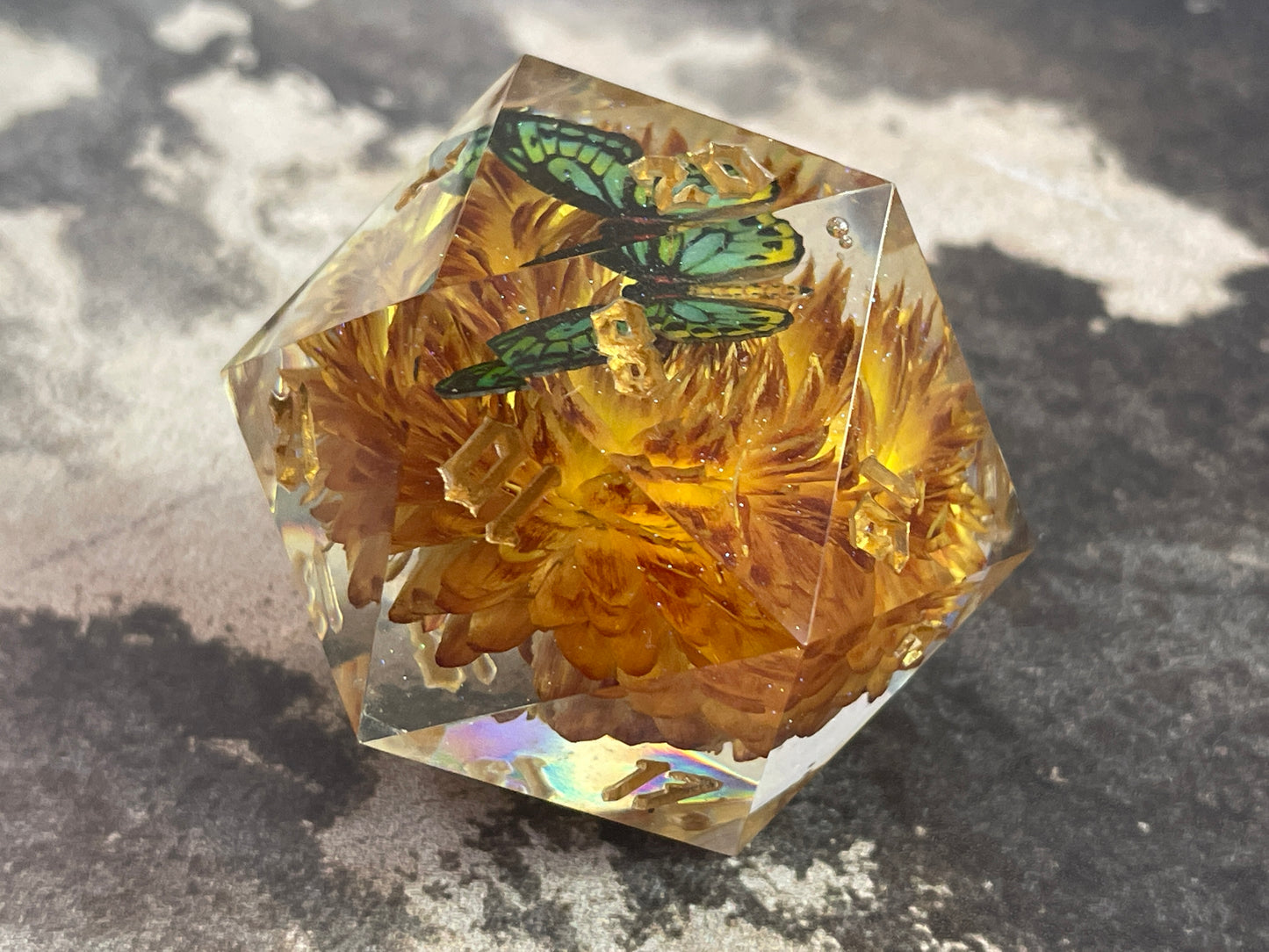 Green Butterfly D20 50 mm dice chonk