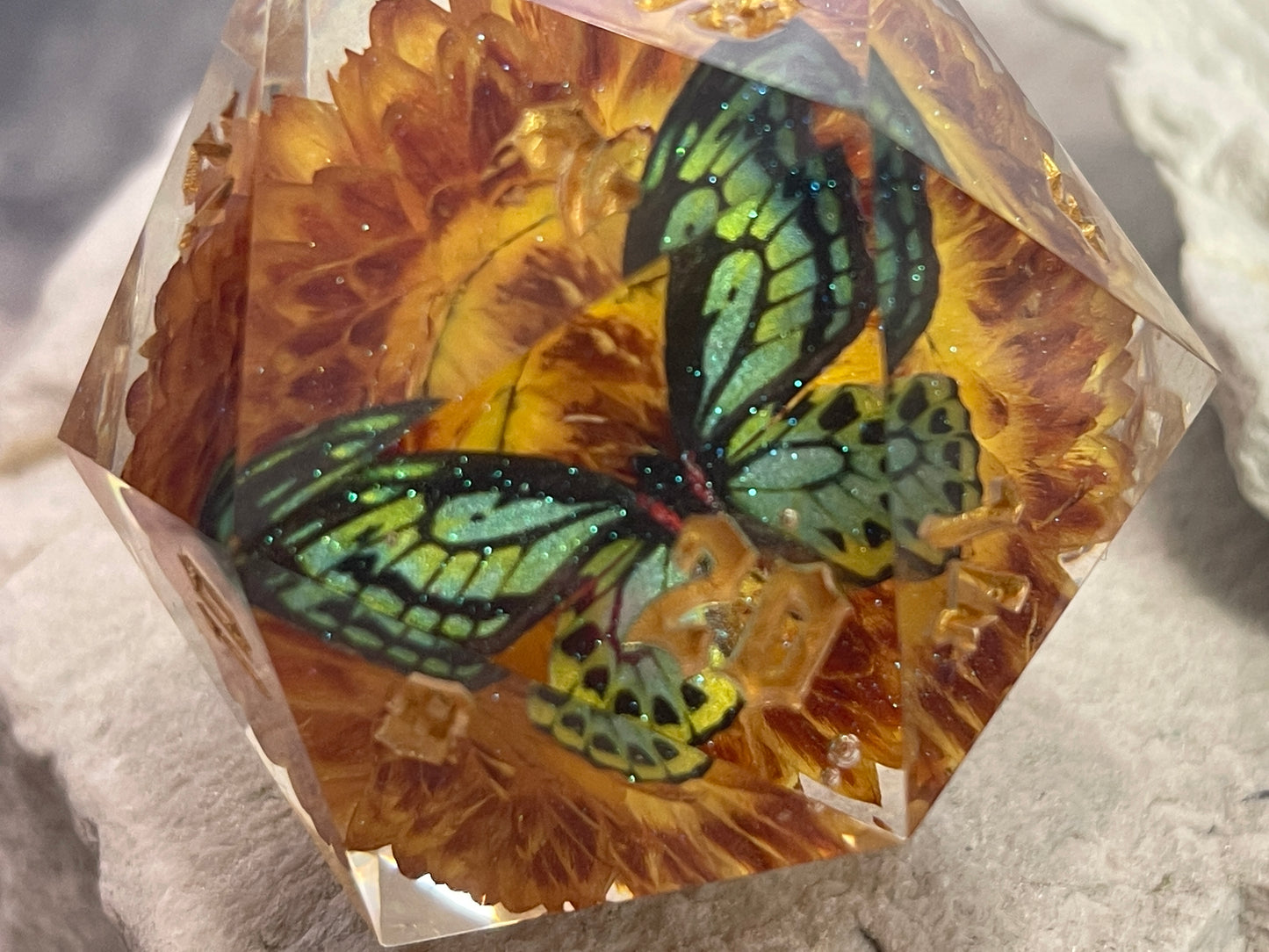 Green Butterfly D20 50 mm dice chonk
