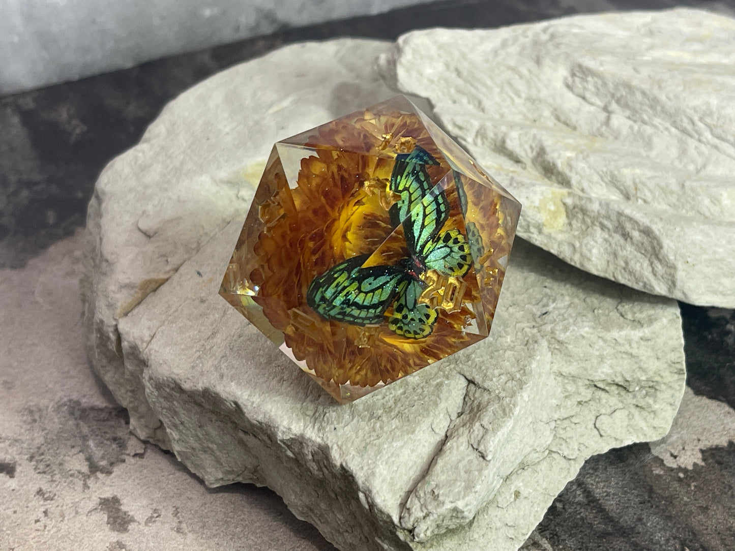 Green Butterfly D20 50 mm dice chonk
