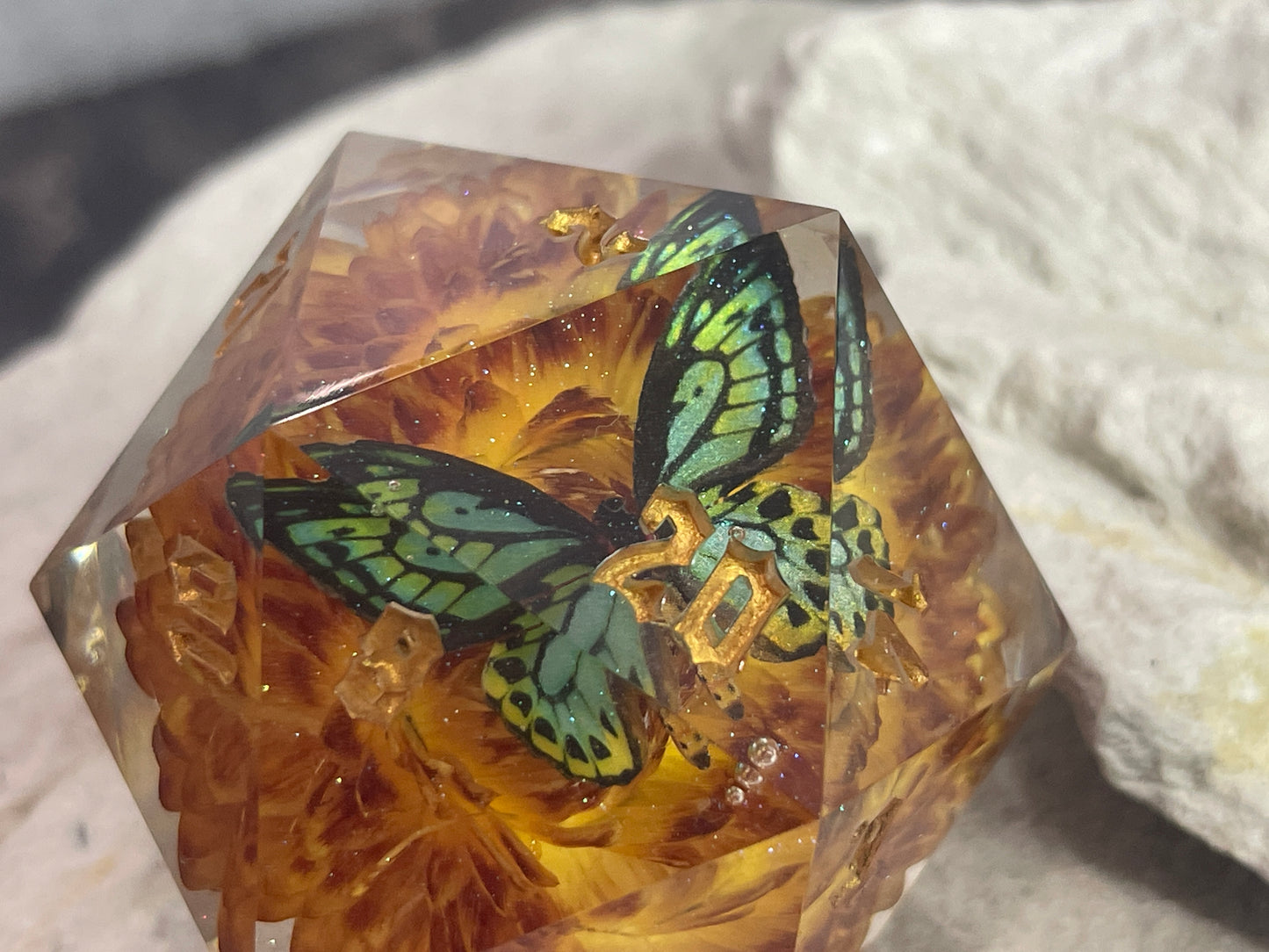 Green Butterfly D20 50 mm dice chonk