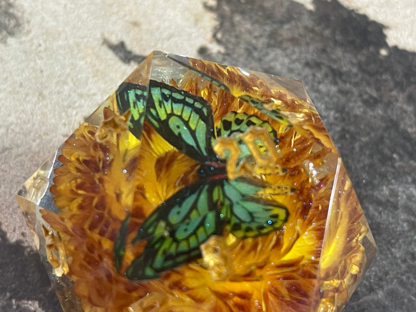 Green Butterfly D20 50 mm dice chonk