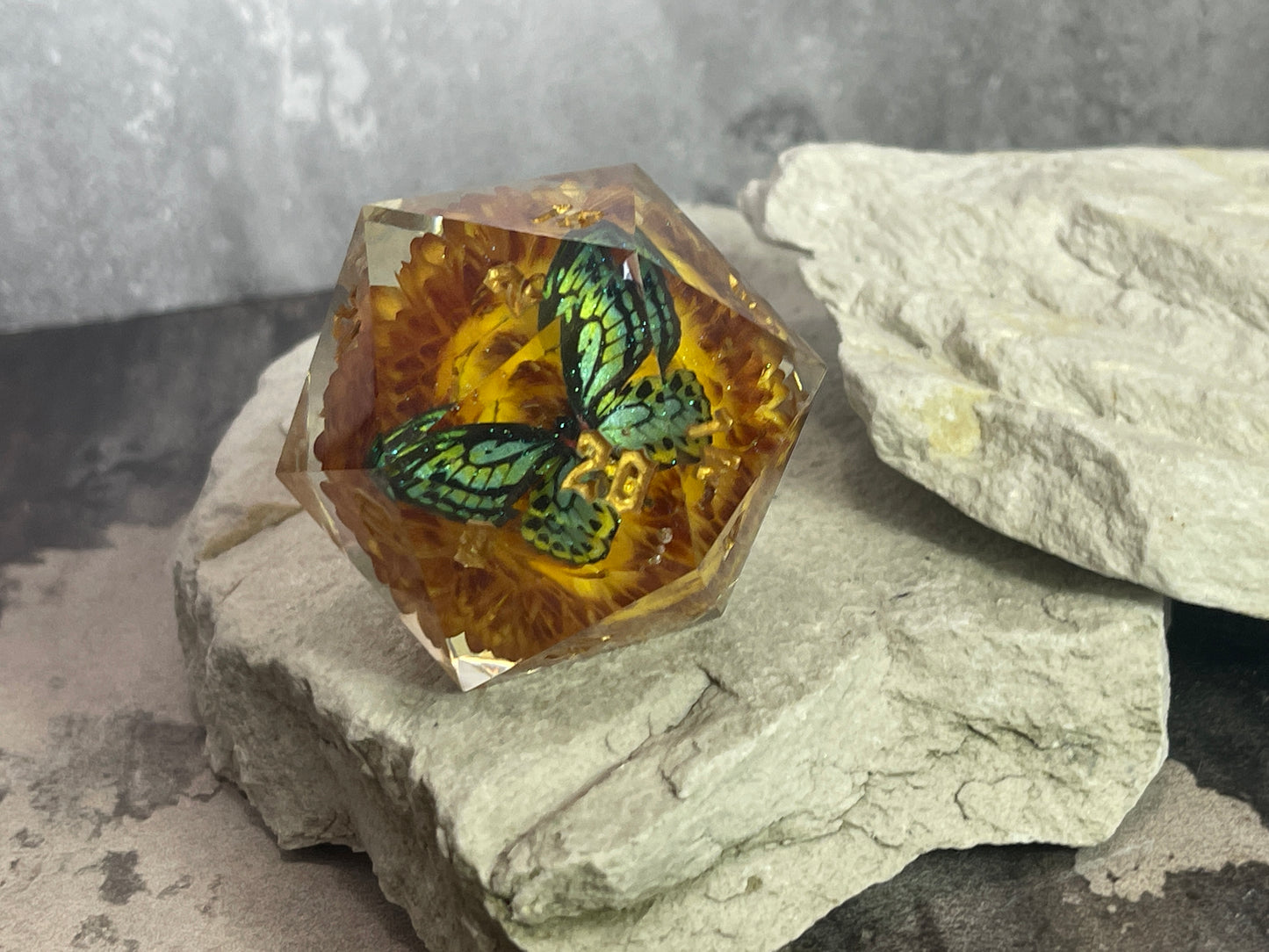 Green Butterfly D20 50 mm dice chonk