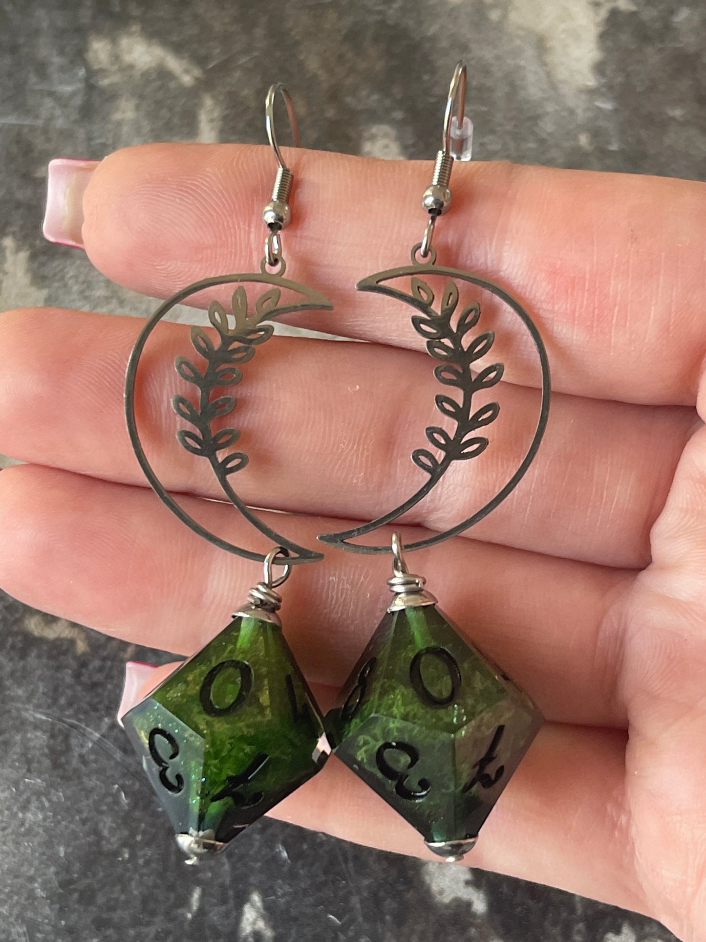 Blooming Moon D10 dice Earrings (silver-green and black)