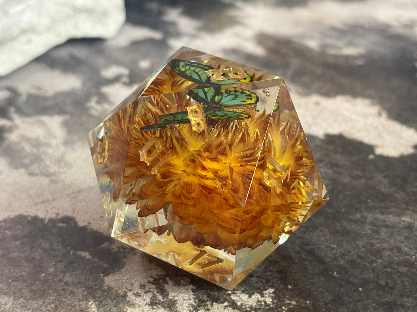 Green Butterfly D20 50 mm dice chonk
