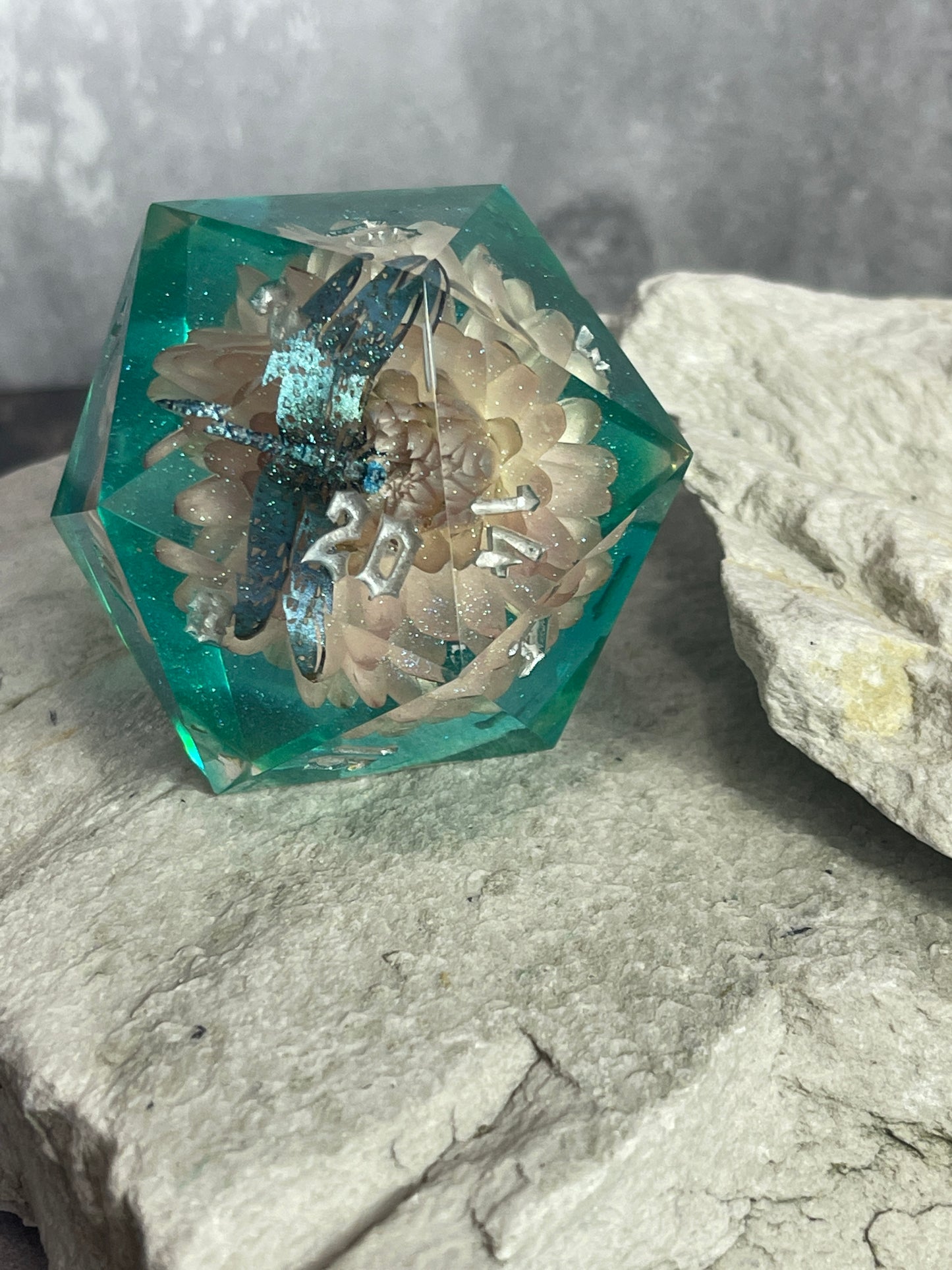 Dragonly on the Pond D20 50 mm dice chonk