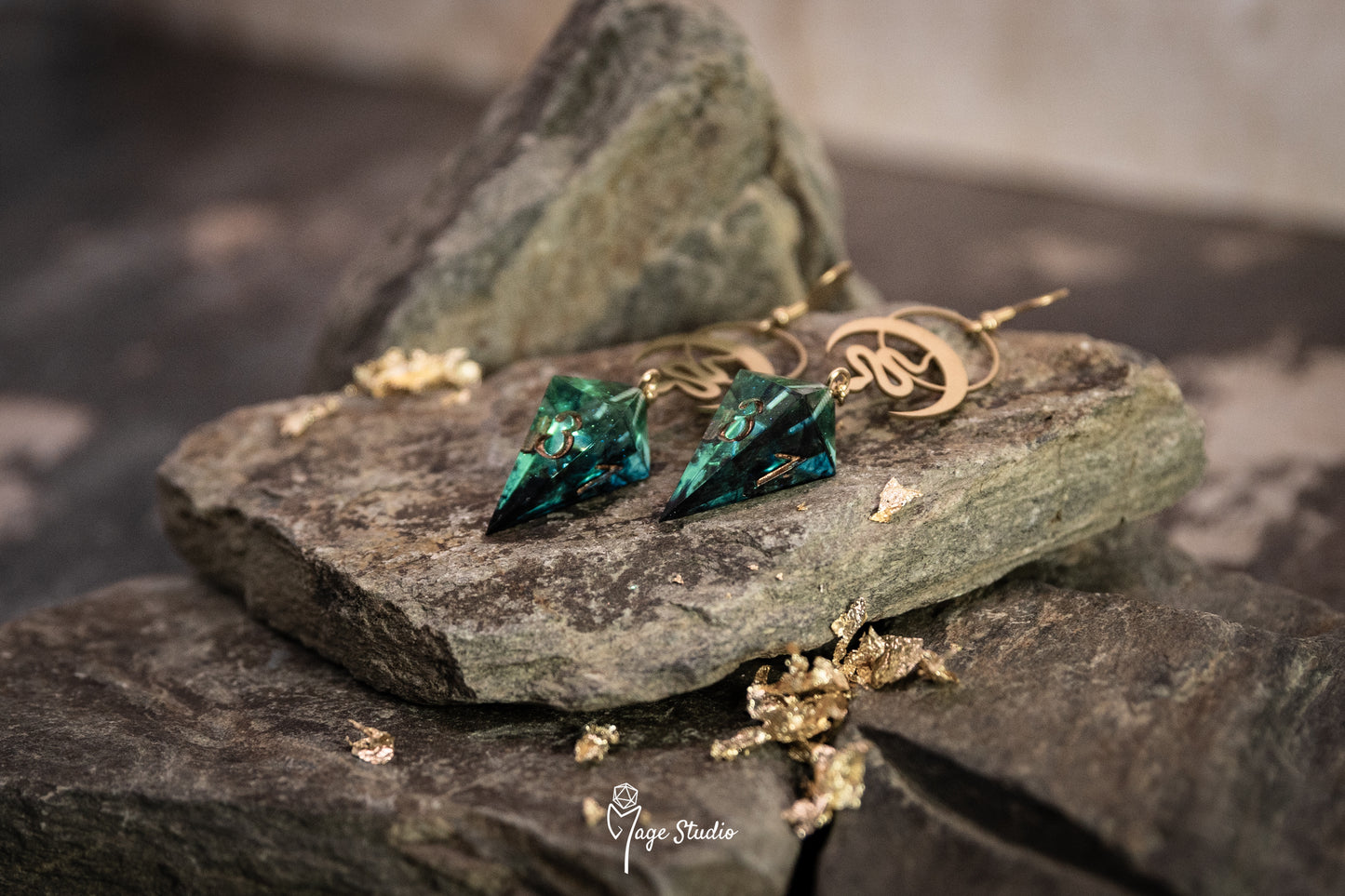 Lunar Snakes Shard D4 dice earrings (gold-dark teal)