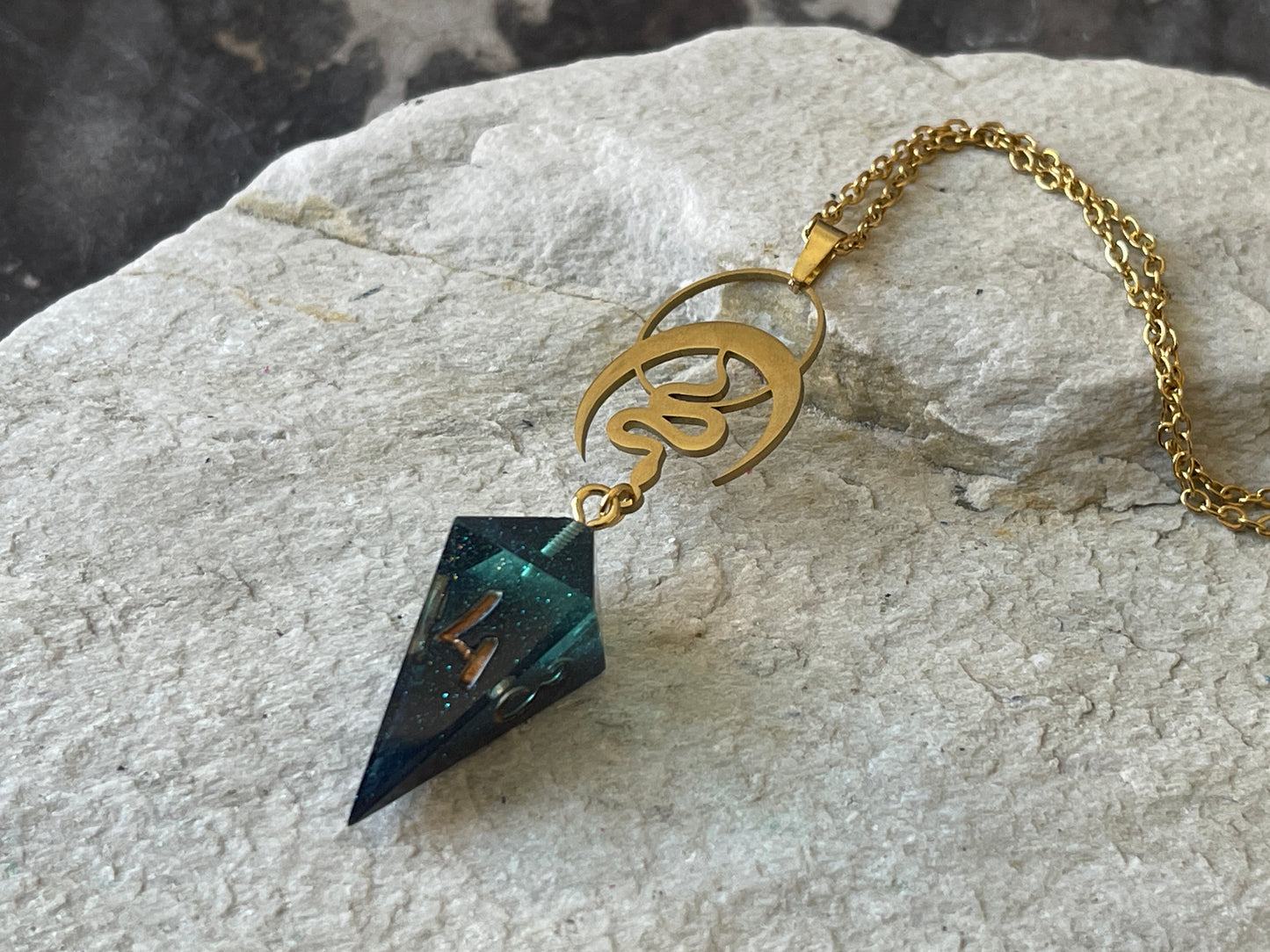 Lunar Snakes Shard D4 die necklace (gold-dark teal)