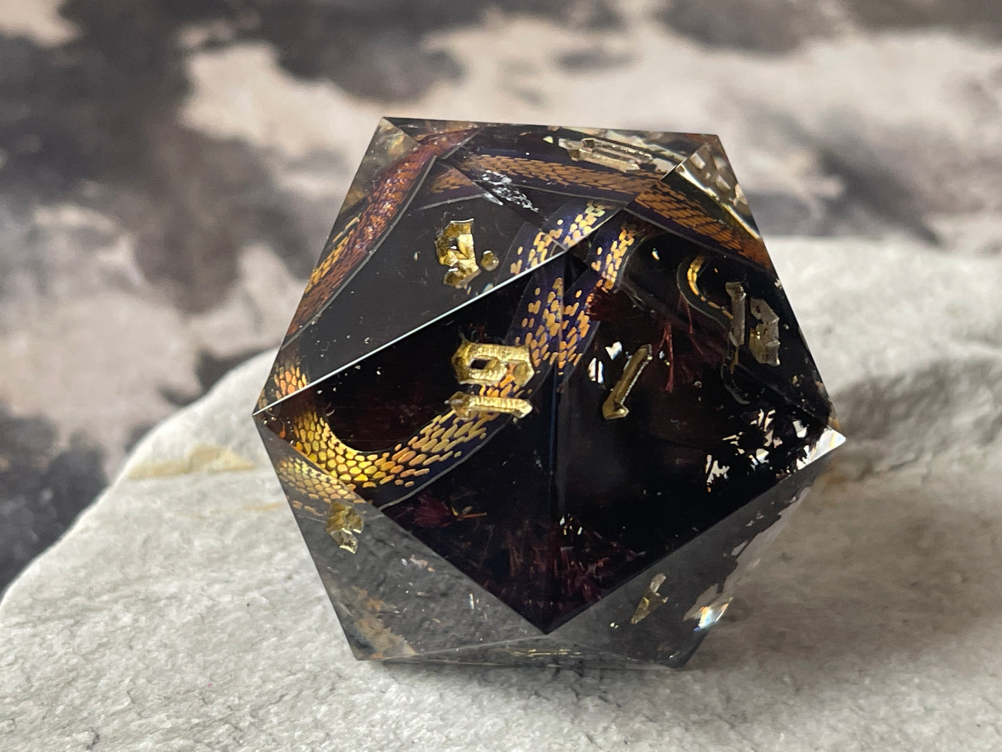 Golden Snake D20 chonk (black flowers)