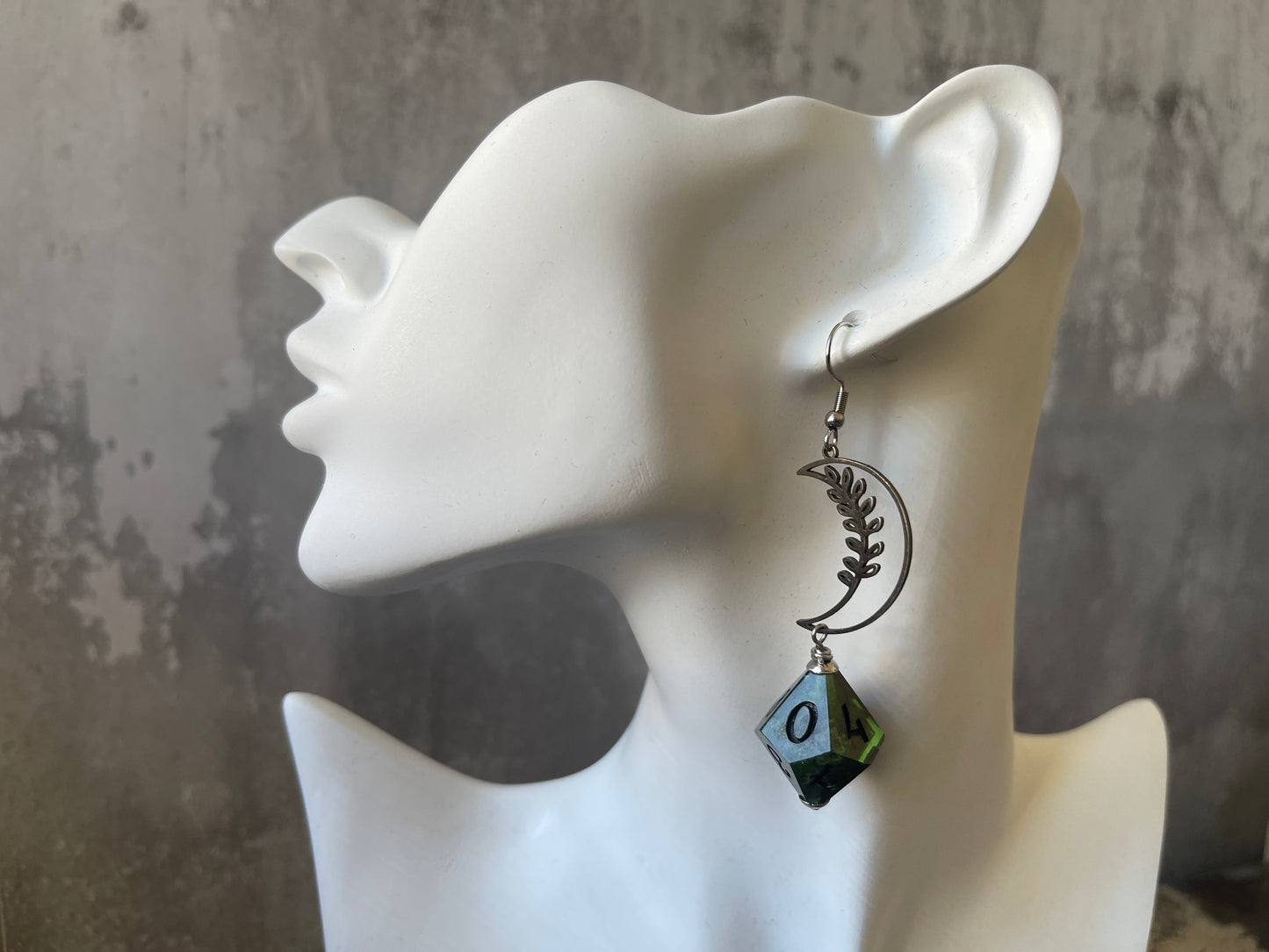 Blooming Moon D10 dice Earrings (silver-green and black)
