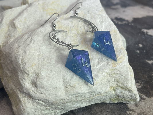 Harvest Blue Moon D4 dice earrings