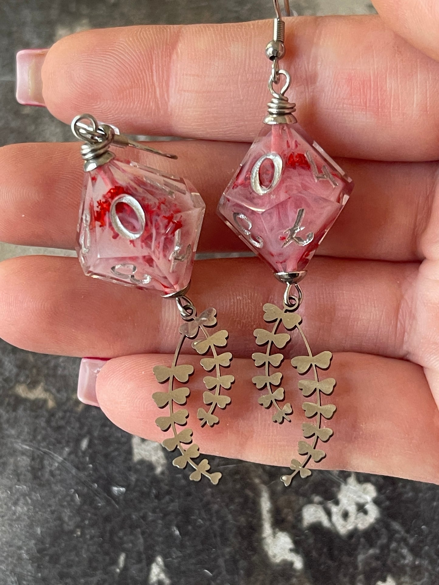 Misty Bloom D10 dice Earrings (silver- red and white)