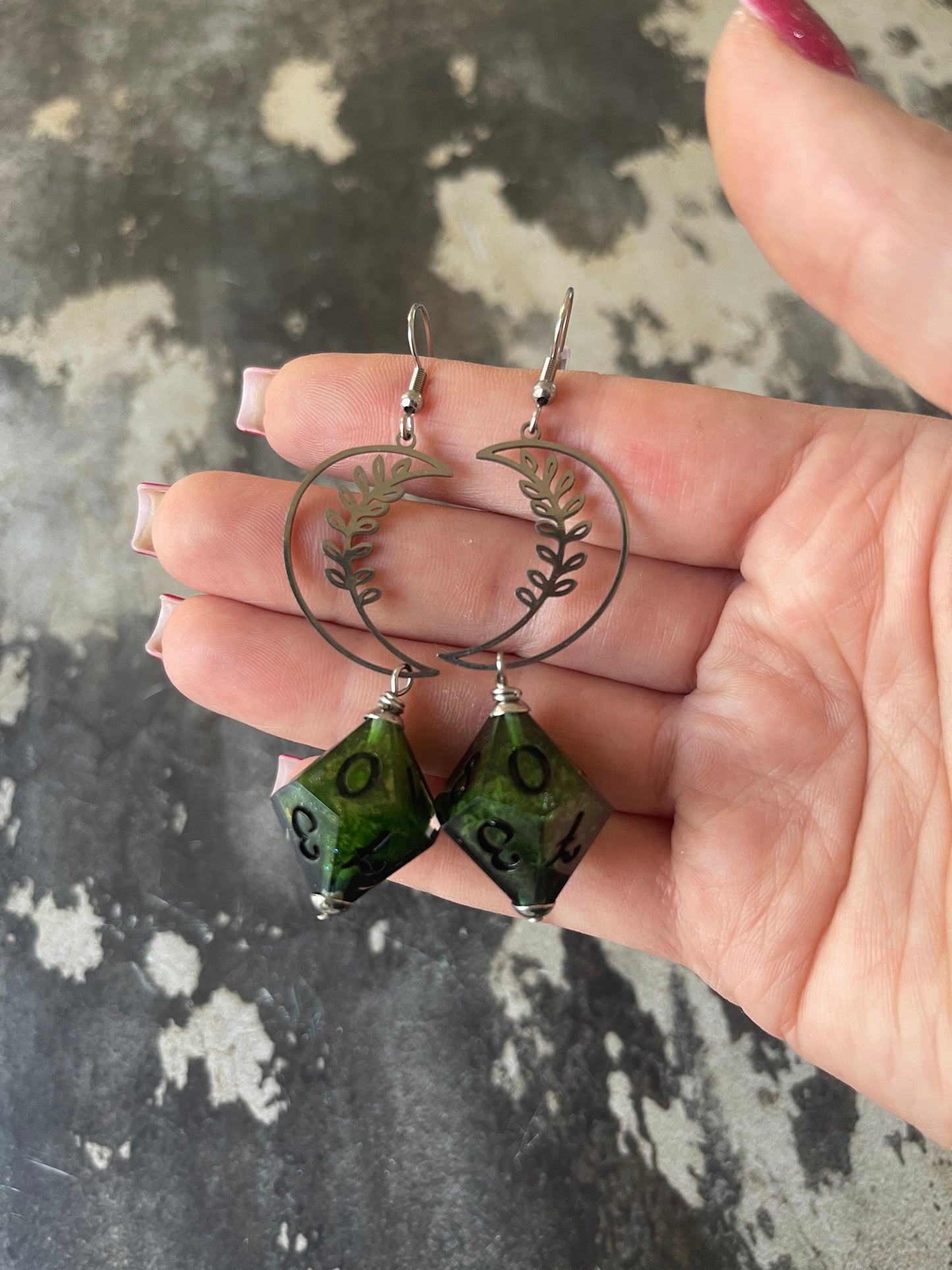 Blooming Moon D10 dice Earrings (silver-green and black)