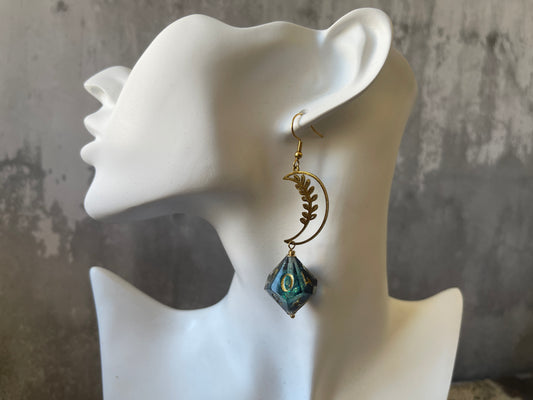 Blooming Moon D10 dice Earrings (gold-green)