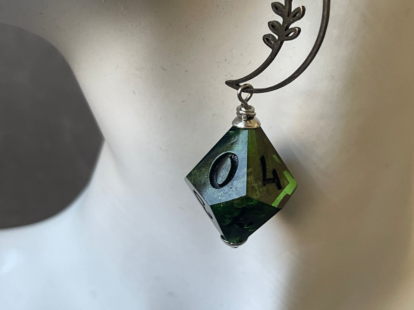 Blooming Moon D10 dice Earrings (silver-green and black)
