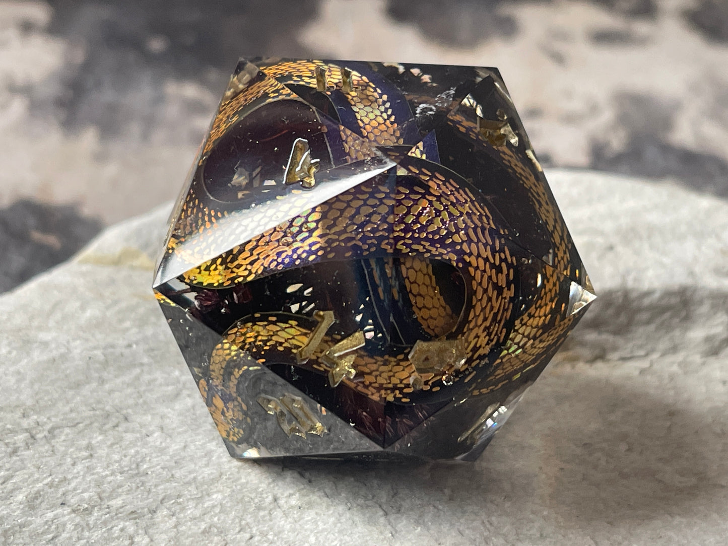 Golden Snake D20 chonk (black flowers)