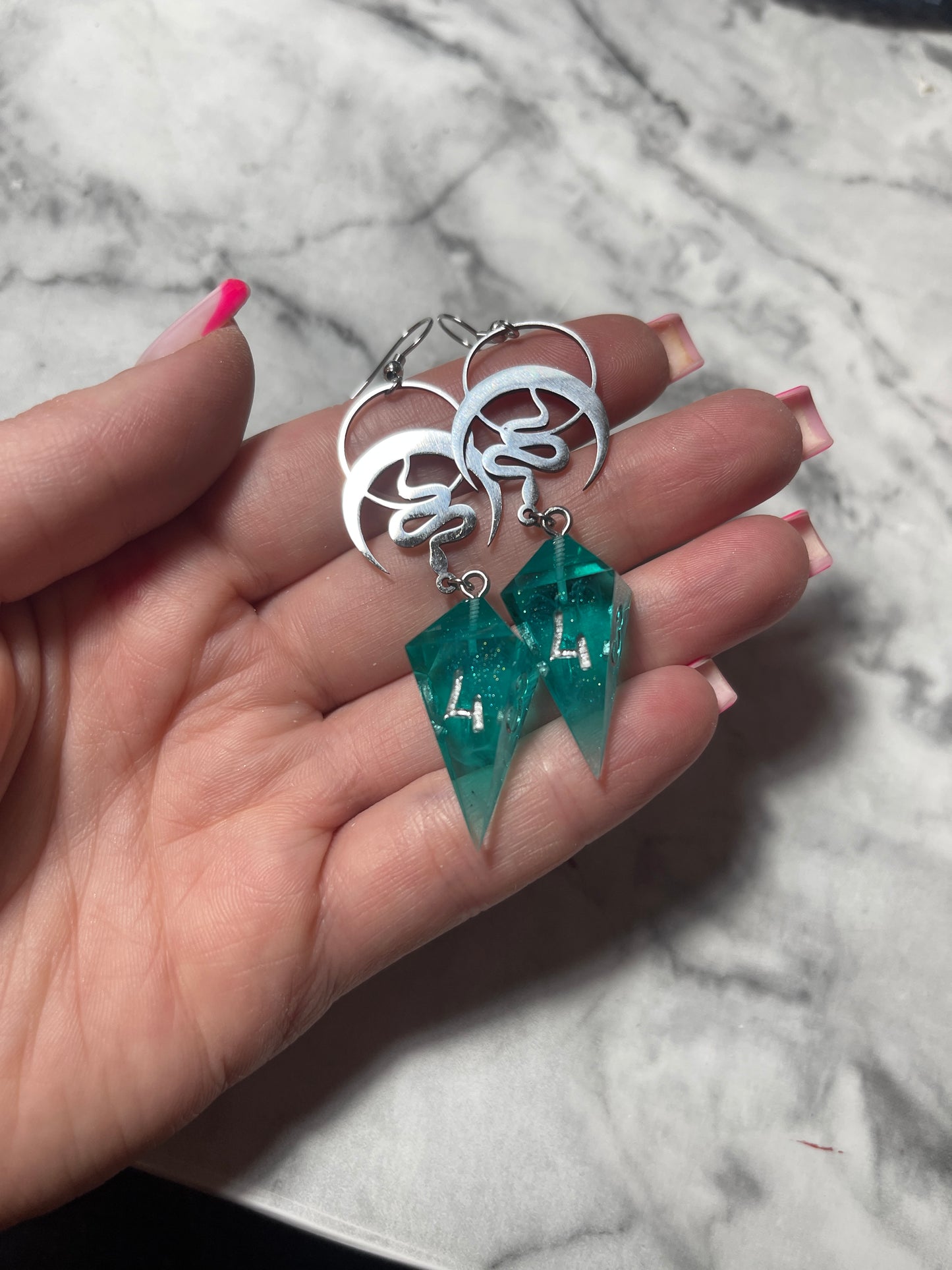 Lunar Snakes Shard D4 dice earrings (silver-teal)