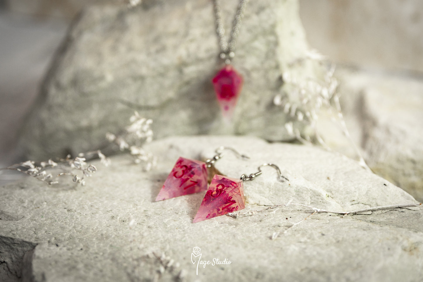 Pink Flowers Shard D4 dice earrings