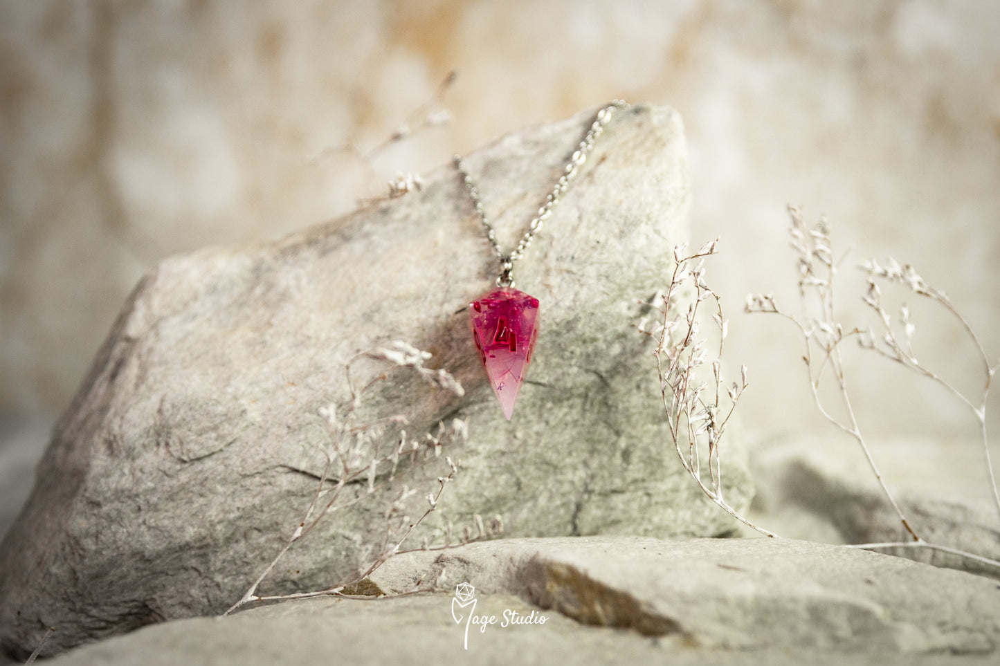 Pink Flowers shard D4 die Necklace