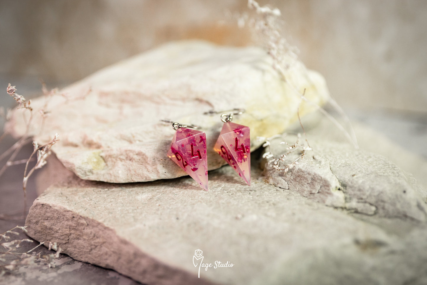 Pink Flowers Shard D4 dice earrings