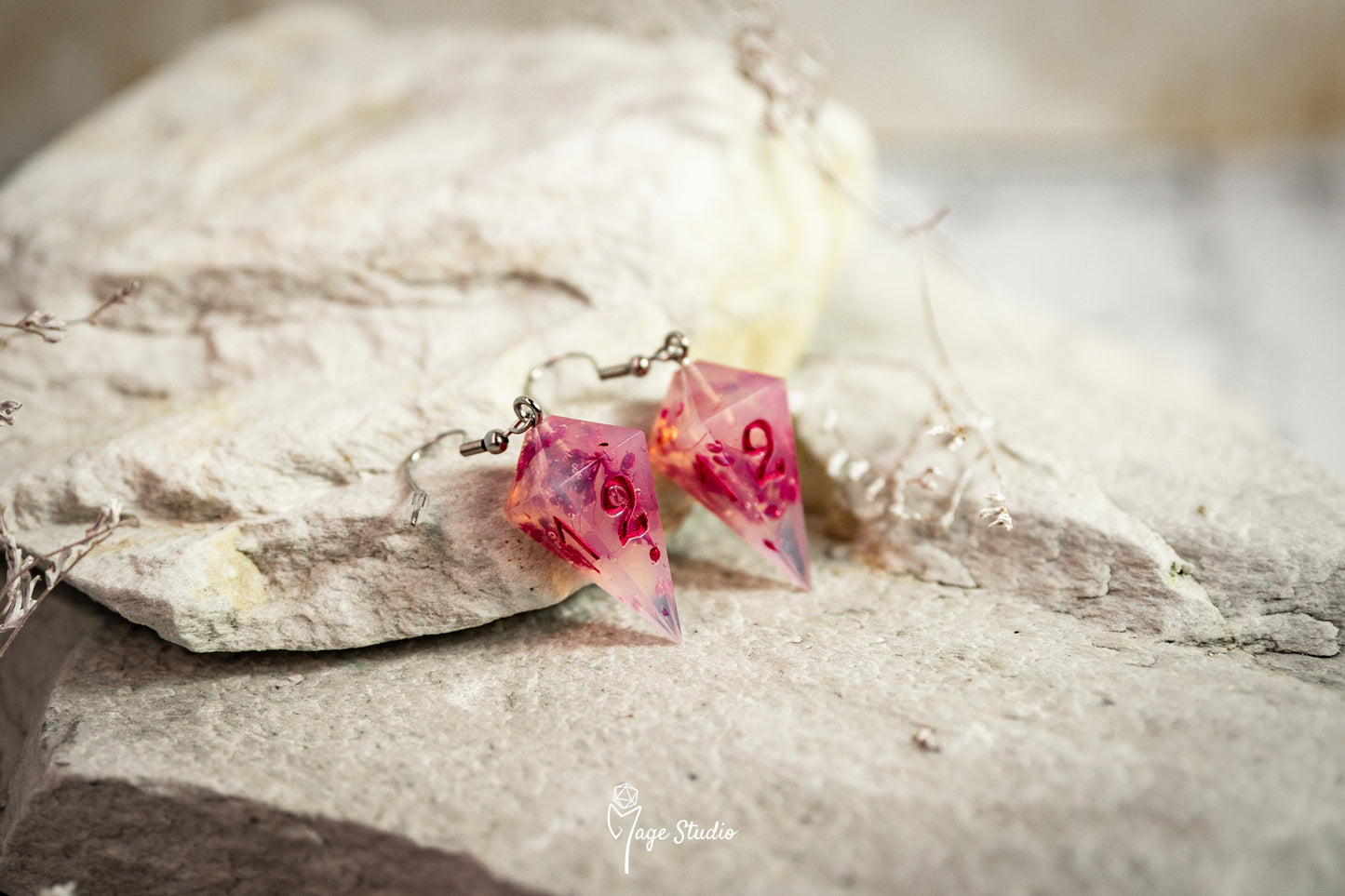 Pink Flowers Shard D4 dice earrings