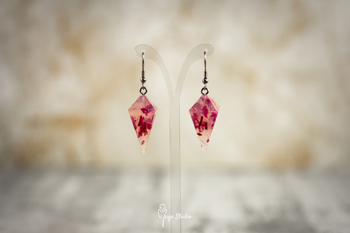 Pink Flowers Shard D4 dice earrings