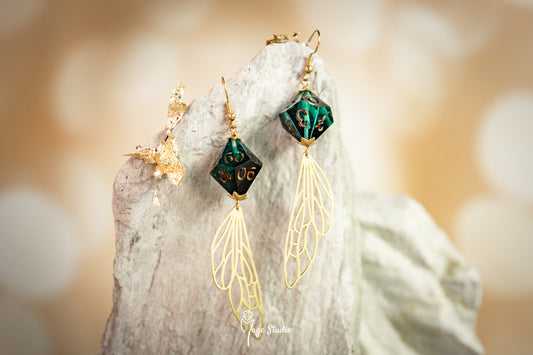 Dragonfly D10 dice earrings dark teal