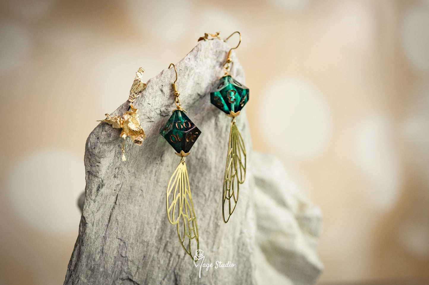 Dragonfly D10 dice earrings dark teal