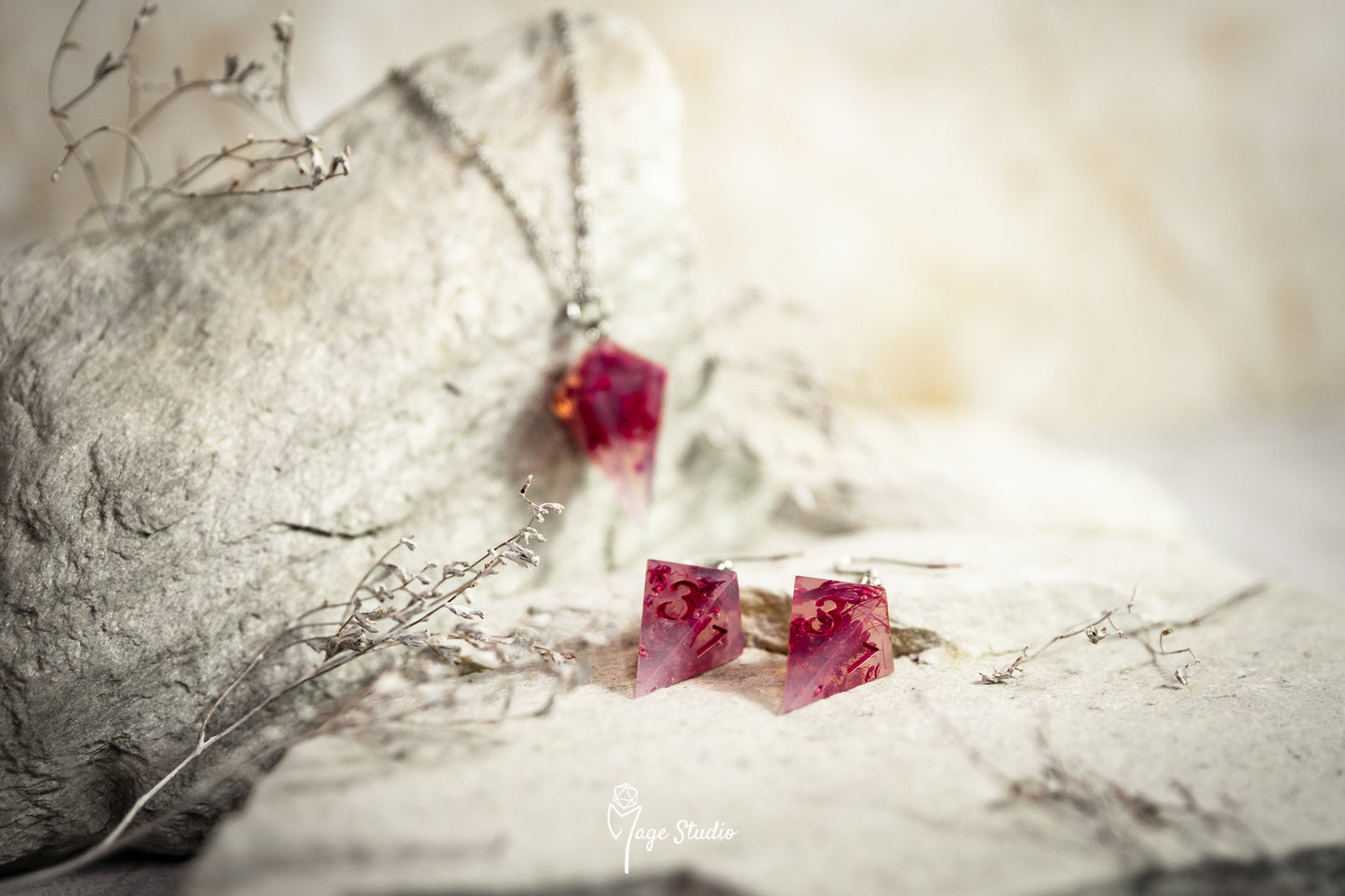 Pink Flowers Shard D4 dice earrings