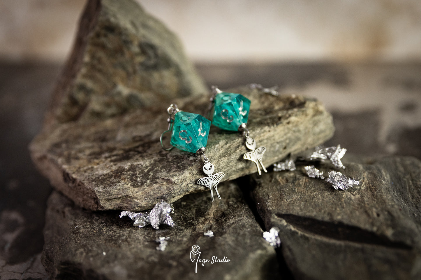 Luna Moth D10 dice earrings (silver-teal)