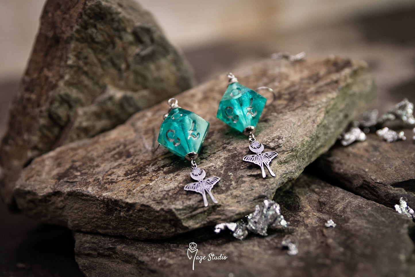 Luna Moth D10 dice earrings (silver-teal)