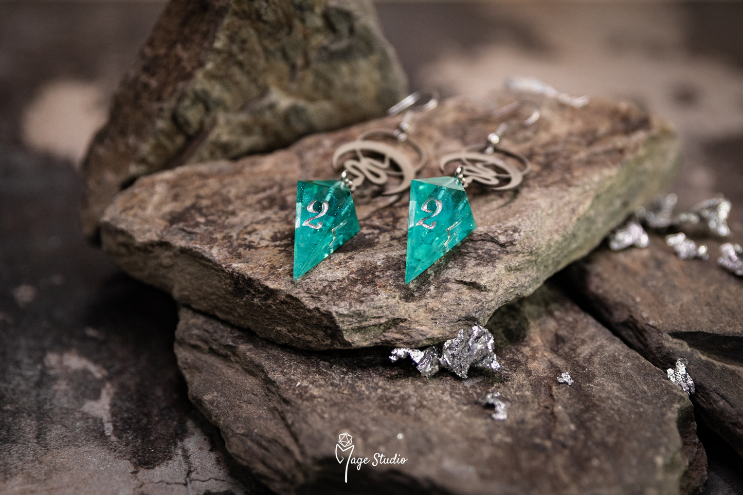 Lunar Snakes Shard D4 dice earrings (silver-teal)