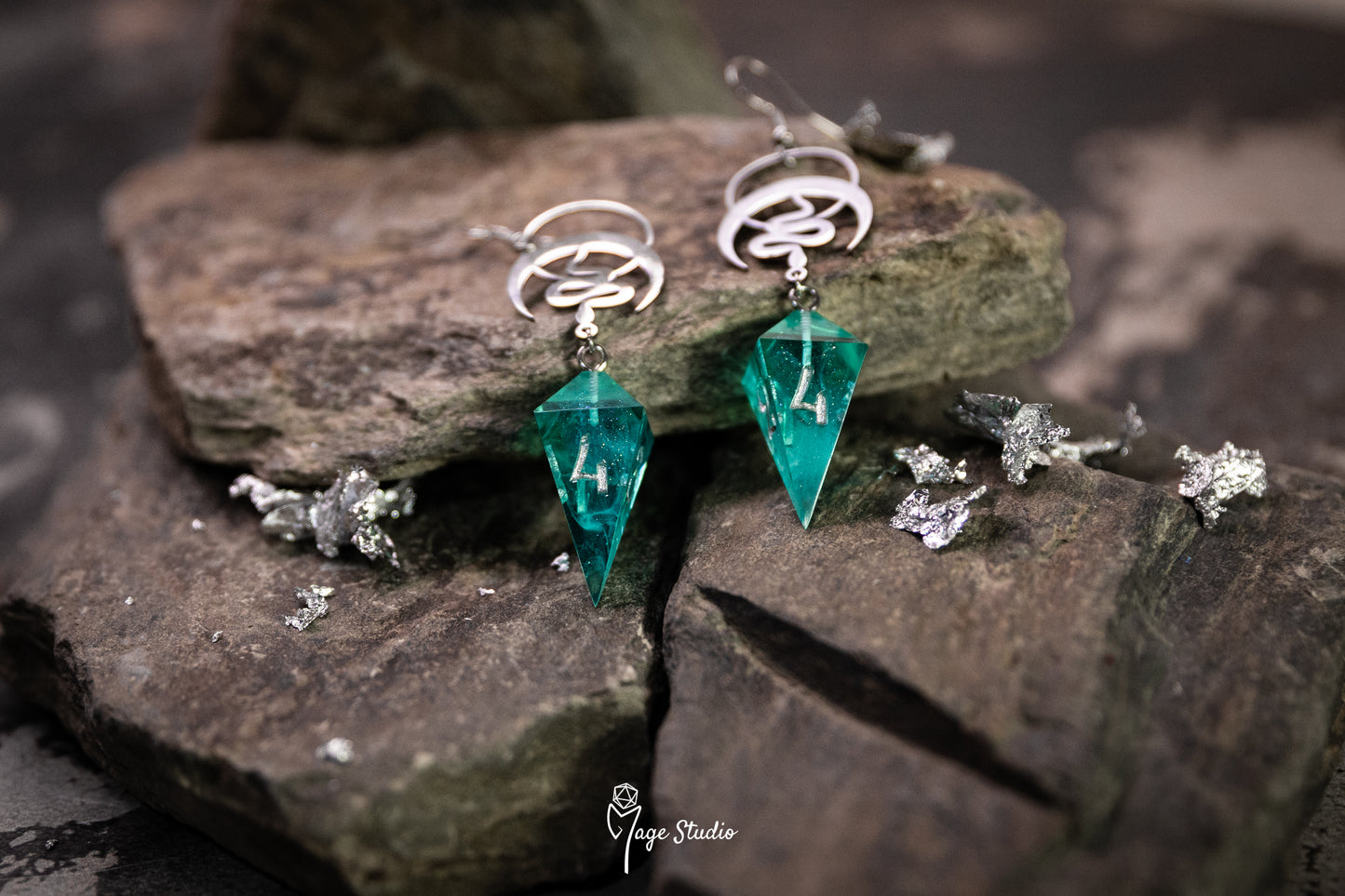 Lunar Snakes Shard D4 dice earrings (silver-teal)