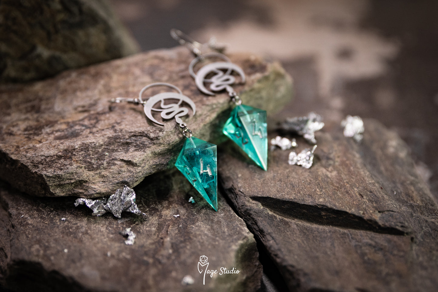 Lunar Snakes Shard D4 dice earrings (silver-teal)