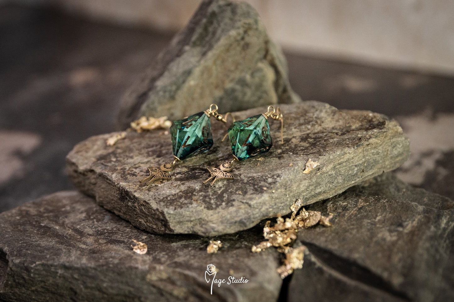 Luna Moth D10 dice earrings (gold- darkteal)
