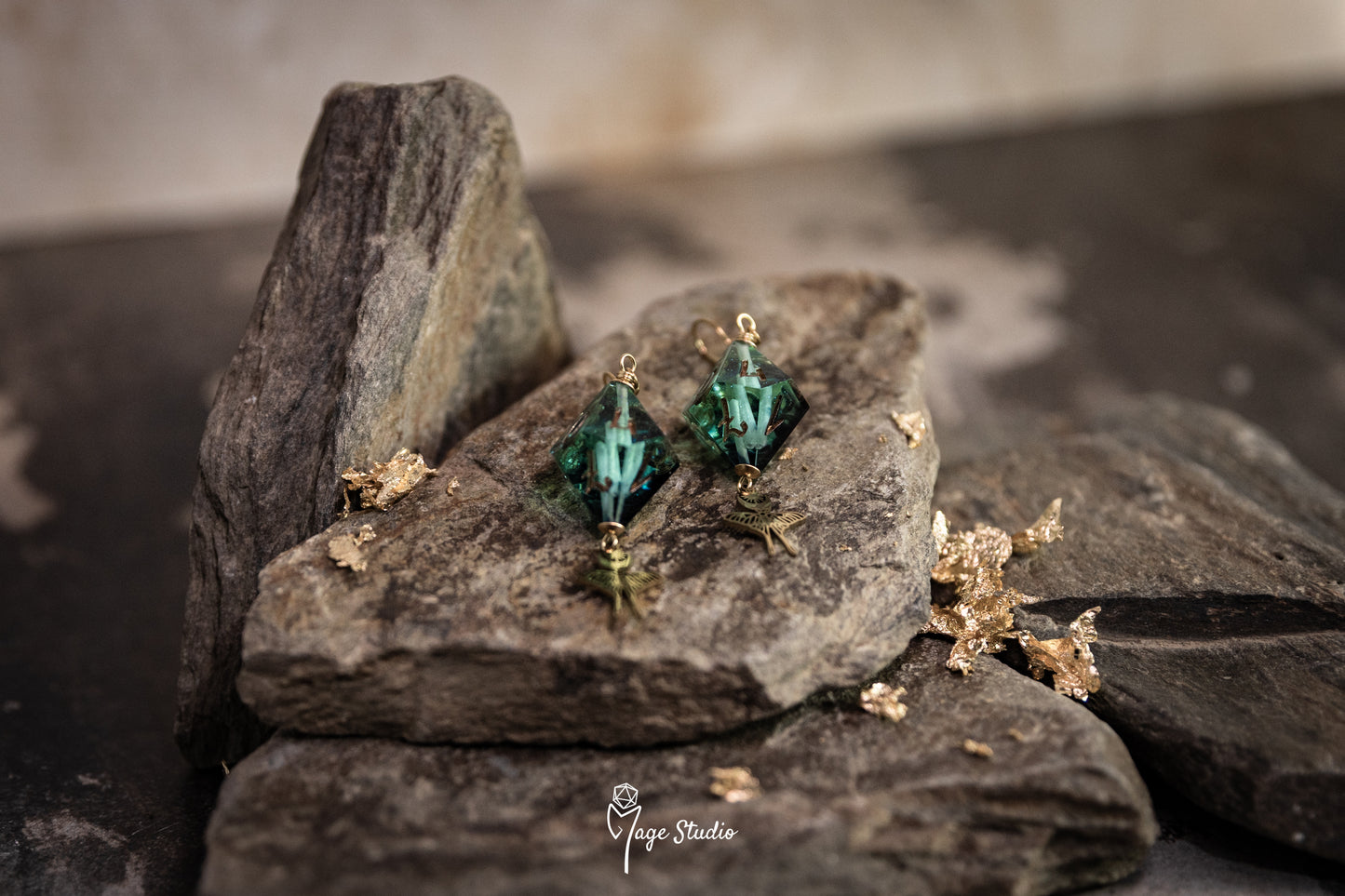 Luna Moth D10 dice earrings (gold- darkteal)