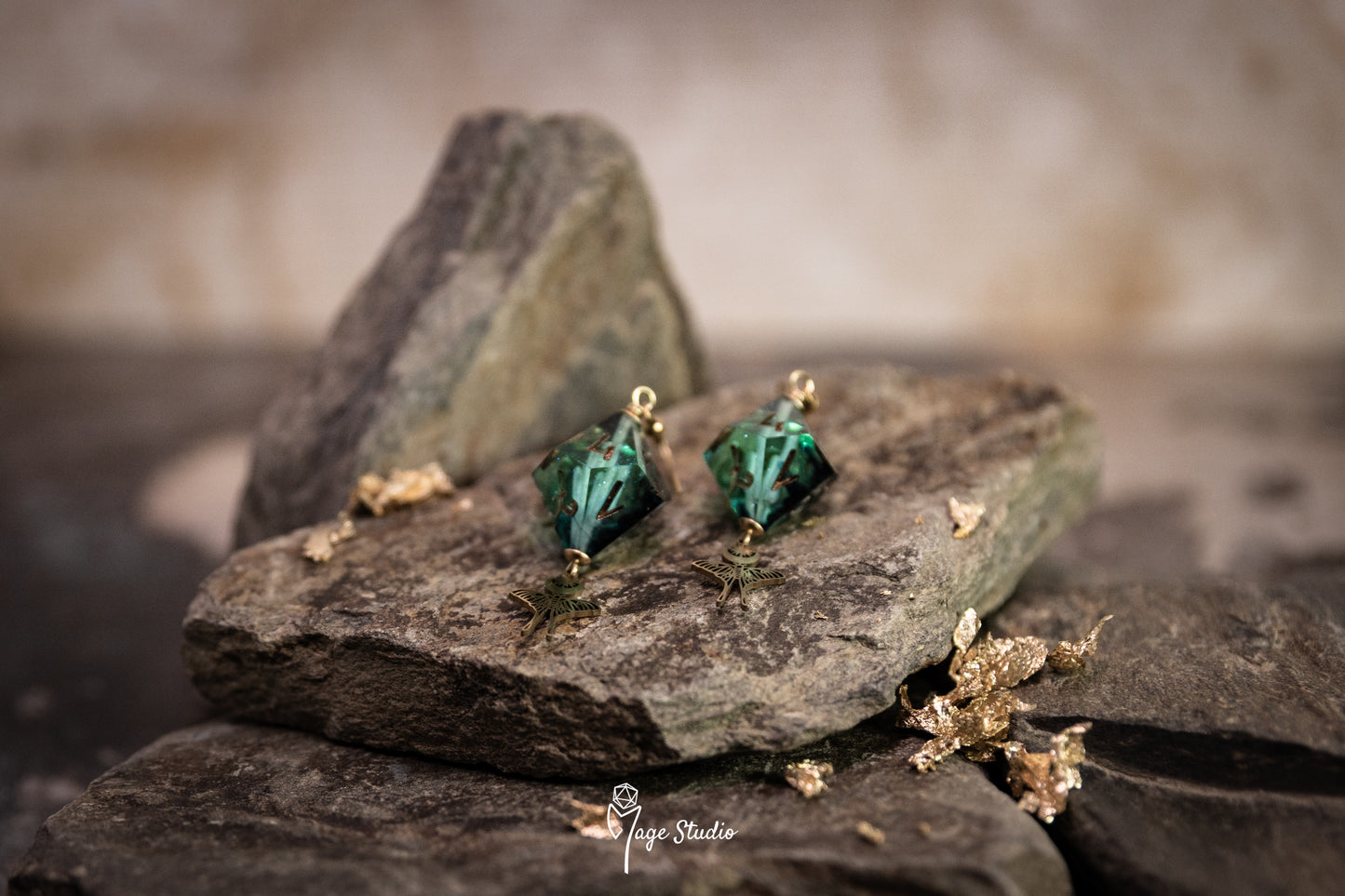 Lunar Snakes Shard D4 dice earrings (gold-dark teal)