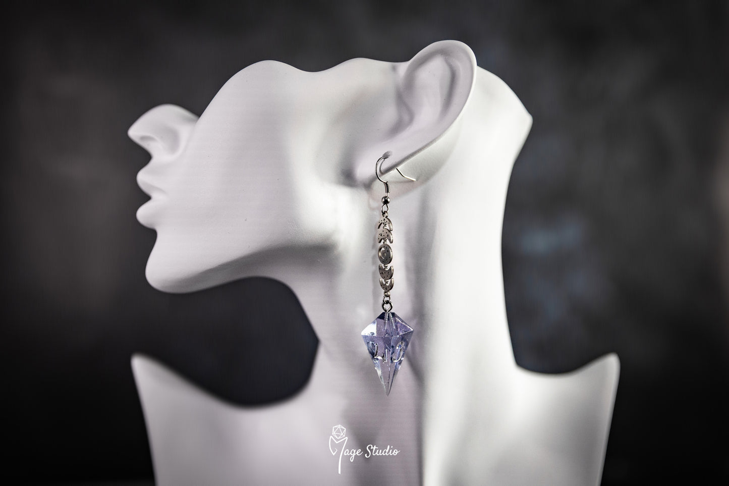 Moon Phases Shard D4 dice earrings (silver-light black)