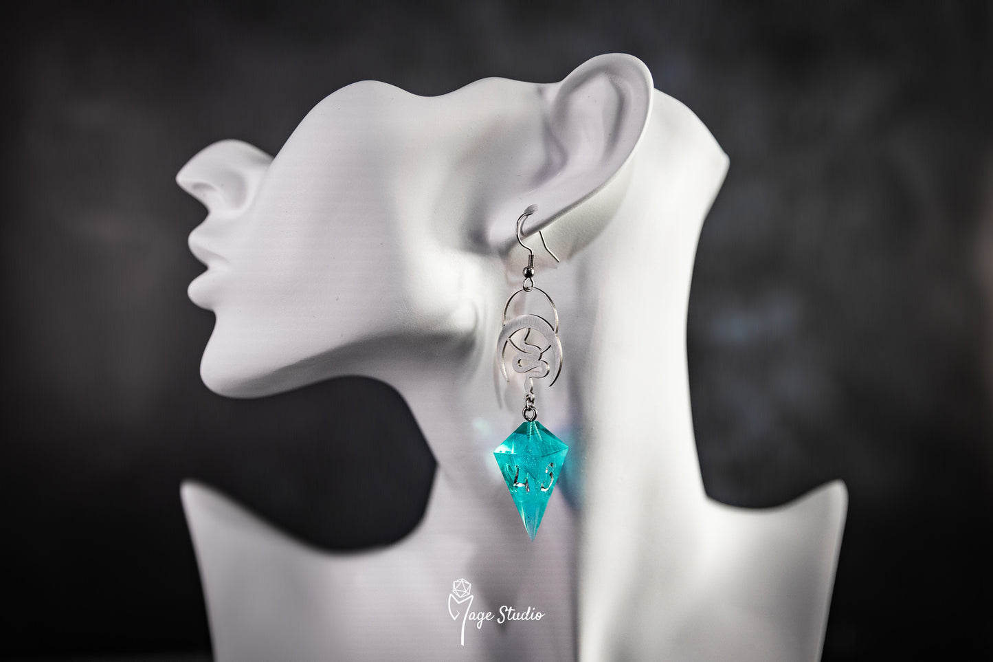 Lunar Snakes Shard D4 dice earrings (silver-teal)