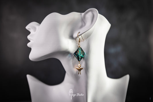Luna Moth D10 dice earrings (gold- darkteal)